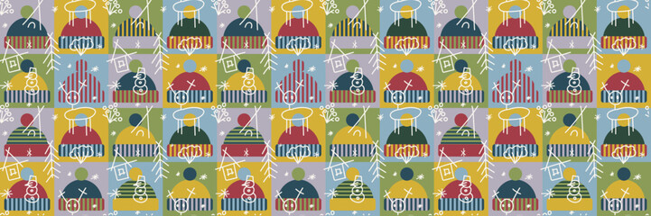 Obraz premium Christmas, scandinavian retro pattern with winter hats. Seamless New Year background in the form of a patchwork quilt with squares. Vector holiday design for wrapping paper, banners and flyers.