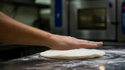 Stretching Dough: Baker Hands Preparing Fresh Pizza Base in Kitchen Close Up