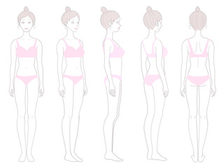 女性の全身イラスト、脱毛やエステ説明に使える正面、横、後ろからのビューセット