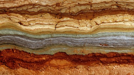 Awesome photo of geological layers show earth history, composition with distinct strata of brown, beige, orange, grey rock formations.