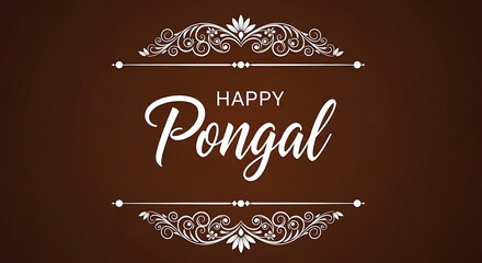 White Happy Pongal text with decorative elements on brown background festival celebration