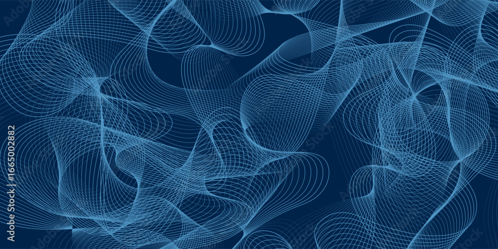 Aufkleber wave line of flowing particles over dark abstract vector background, smooth curvy shape shining dots