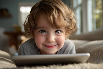 Niedliches Kind mit blonden Haaren lächelt warmherzig vor einem Tablet