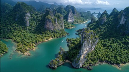 Aerial view Tropical bay, limestone karsts, boat, lush jungle. Travel brochure