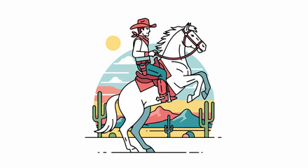Cowboy on Rearing Horse in Desert Landscape.
