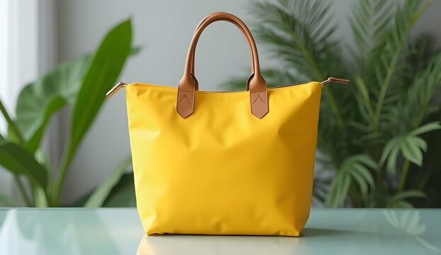 Yellow tote bag with leather handles, a stylish fashion accessory