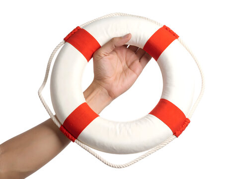 A close-up shot of a human hand firmly holding a white and red lifebuoy, symbolizing safety, support, and assistance.