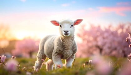 A charming lamb gazes with innocent eyes in a blossoming spring meadow, bathed in the warm glow of sunrise.