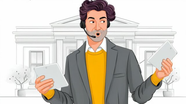 Engaging male customer service representative with headset and tablets, demonstrating effective communication skills and technology use, showcasing a professional and approachable demeanor in a modern