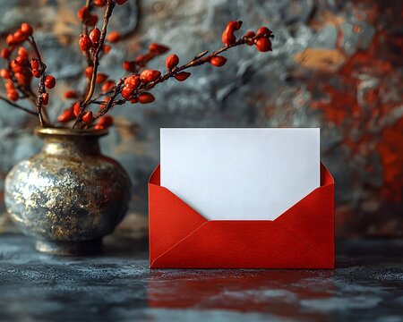 Blank white gift card in a small red envelope symbolizing wealth and happiness