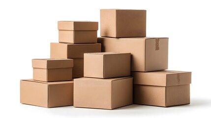 Professional Stack of Cardboard Boxes on White Background for Packaging and Shipping