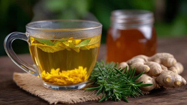 A vibrant flat lay of steaming herbal tea with turmeric, ginger, mint, rosemary, and honey, showcasing a soothing and aromatic blend.