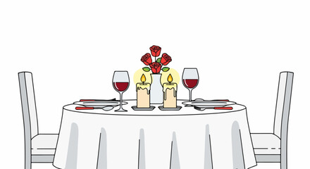 Romantic dinner table setting with candles and roses.