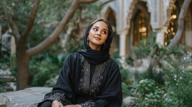 A serene Muslim woman in an embroidered black abaya sits in a mosque garden, enveloped by lush greenery and ornate arches, with soft natural light creating gentle shadows.