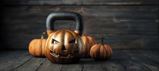 The Kettlebell Pumpkin with Carved Jack O Lantern Face on Rustic Wooden Floor