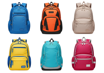 A vibrant collection of six stylish and practical backpacks for everyday use, showcasing a variety of colors and designs