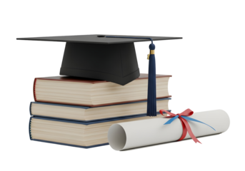 The enduring concept of academic success and lifelong learning embodied by a traditional graduation cap, scholarly books, and an official diploma, signifying educational achievement