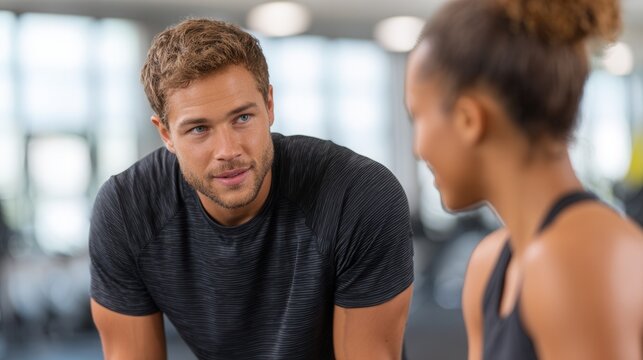 A male and female athlete discussing workout strategies in a modern gym setting. The atmosphere is focused and motivational, ideal for fitness-related content. - Powered by Adobe
