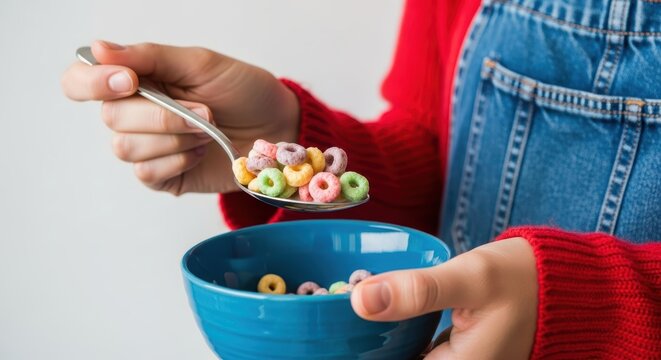 Young adult eating colorful cereal loops from blue bowl - Powered by Adobe