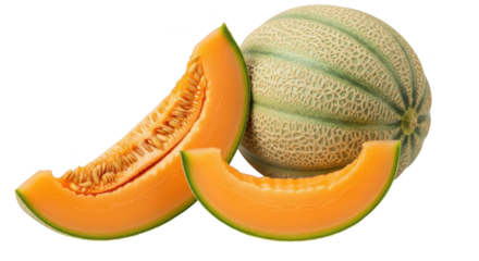 Whole Cantaloupe Melon and Slices with Visible Seeds on Background fruit sliced 1