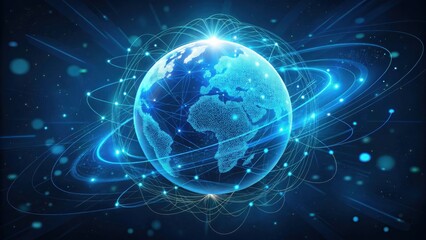 Glowing blue digital earth egg encased in futuristic energy rings and particles isolated on transparent background