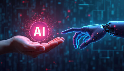 Futuristic scene with robot, human hand connection. Gray robot body, white human hand on pink, red background. AI text in center. Machine learning concept with human, artificial intelligence