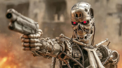 Man-like cyborg robot on a battlefield aiming with a blaster gun