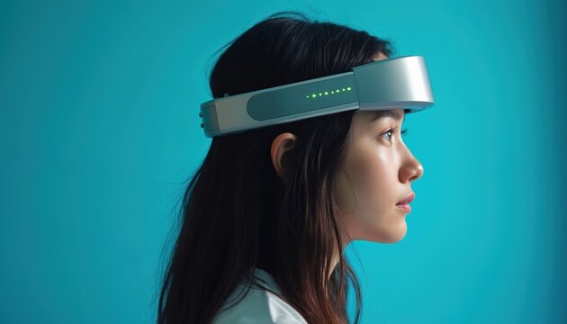 Woman wears headband with sensors against blue studio background. Device monitors health and brainwaves. Futuristic technology for wellness, meditation, and research. Modern lifestyle innovation.
