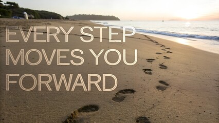 Inspirational Beach Scene with Footprints and Motivational Text