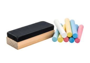 Classic white chalk sticks and a wooden blackboard eraser, essential learning tools for education, drawing, and creative projects, providing clear communication on traditional surfaces, isolated