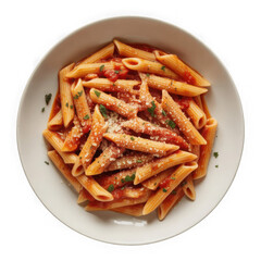 High-quality studio photograph of Penne Arrabbiata, Italian cuisine, isolated on pure white background, professional food styling