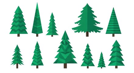 Fototapeta premium Stylized Green Christmas Trees Set in Various Sizes and Shapes for Holiday Decoration