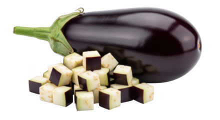 Whole dark purple eggplant with chopped cubes on background aubergine vegetable image