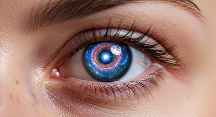 Fototapeta premium Close-up of an Asian woman’s eye with galaxy reflections in the iris, cosmic surrealism, glowing details