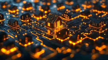 Futuristic cityscape with glowing digital cash flow through buildings