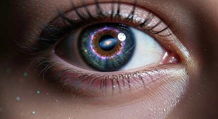 Fototapeta premium Close-up of an Asian woman’s eye with galaxy reflections in the iris, cosmic surrealism, glowing details