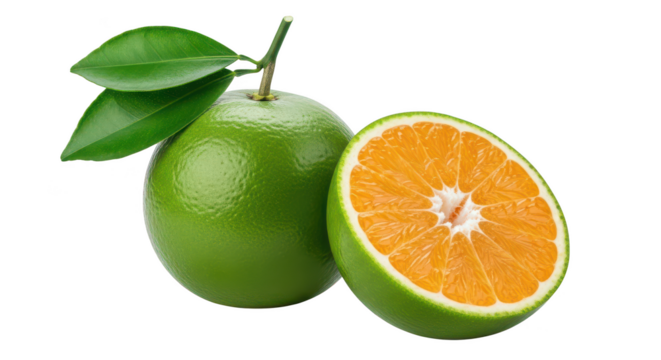 Whole green orange with leaves and half orange showing pulp citrus fruit