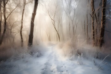 Detailed forest scene of a tranquil snow-lined trail weaving beneath snow-clad branches with soft diffused light filtering through, offering minimalist natural beauty perfecmisty morning in the forest