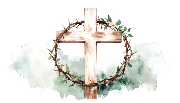 Wooden cross with crown of thorns, watercolor - Powered by Adobe