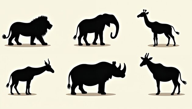 Safari wildlife silhouettes on white background. Lion, rhino, elephant, gazelle, hippopotamus, zebra animal figures in black and white. African savanna fauna illustration visual graphic design.
