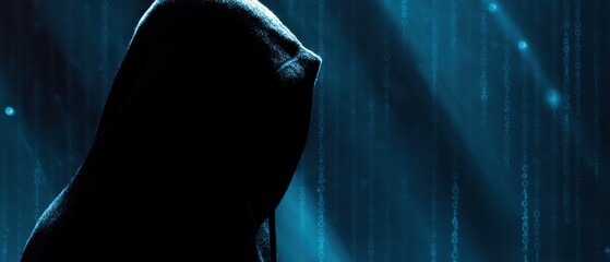 The Hooded Figure Silhouetted Against Blue Digital Code Representing Cybersecurity Threat