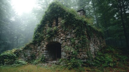 Stone chapel overgrown in misty woods
