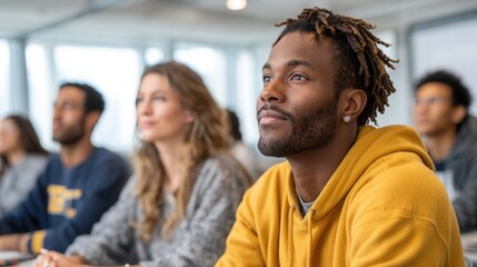 Fototapeta premium A focused young man in a yellow hoodie listens attentively in a classroom setting with diverse peers, fostering an atmosphere of learning and collaboration.