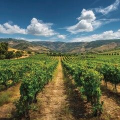 Fototapeta premium Portugal 122 vineyard with rows of grapevines under a sunny sky 
