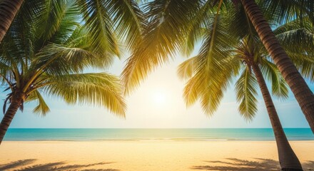 Fototapeta premium Tropical Beach Scene with Palm Trees and Sunlit Sky