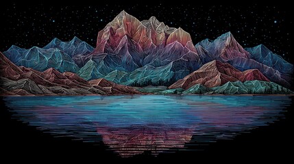 Colorful mountain range reflected in a still lake at night
