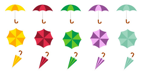 Flat Design Umbrella Set – Colorful Open and Closed Vector Illustrations. Set of colored umbrellas in different angles. Umbrellas from rain and from the sun. Autumn accessory