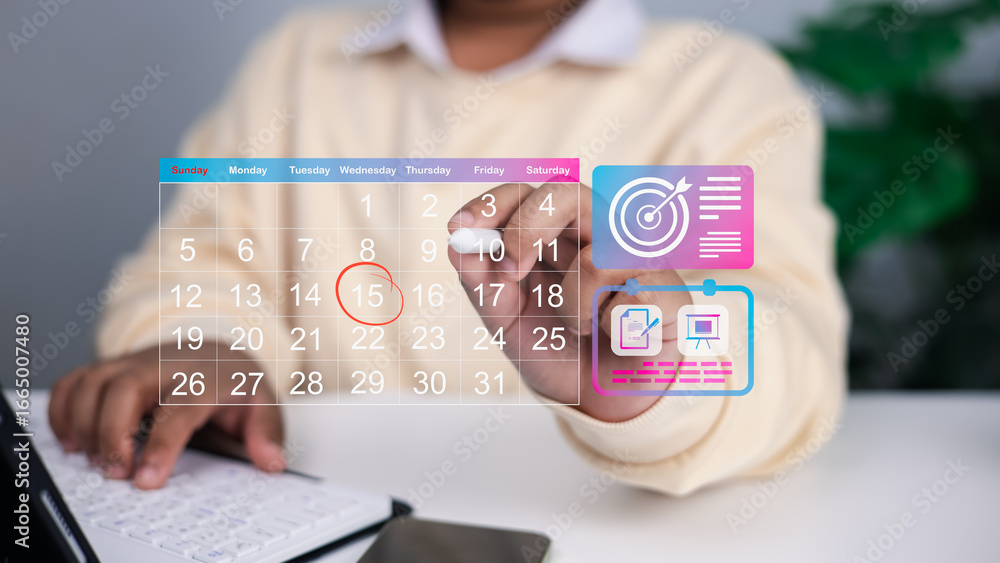 Aufkleber close up of person using transparent digital calendar with highlighted date and floating icons for g