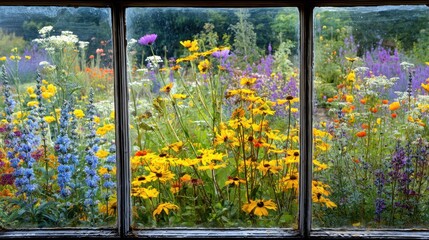 Colorful wildflowers seen through old windows