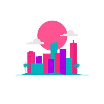 miami vice gta vice city retro aesthetics cityscape skyline buildings minimalist flat vector city